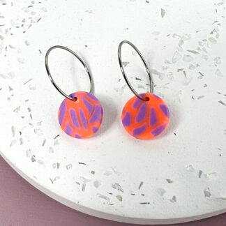 Creolen Polymer Clay Edelstahl Neon-Orange Lila klein