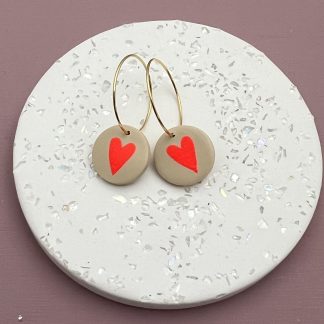 Creolen Siebdruck Herz Neonrot beige